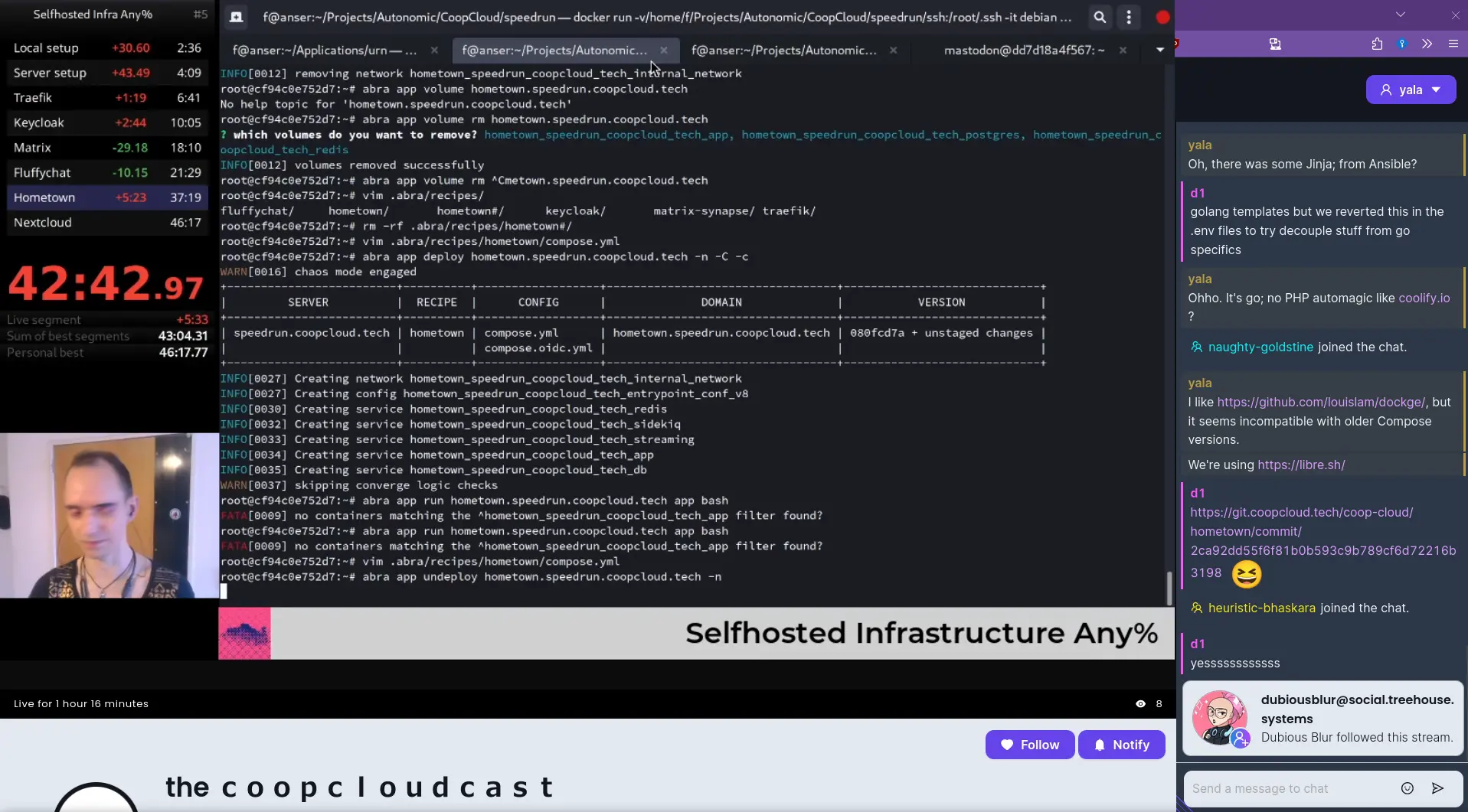 screenshot of the livestream, showing the speedrun timer, a quite-bad webcam
still, a terminal window with the above abra commands, and a chat log